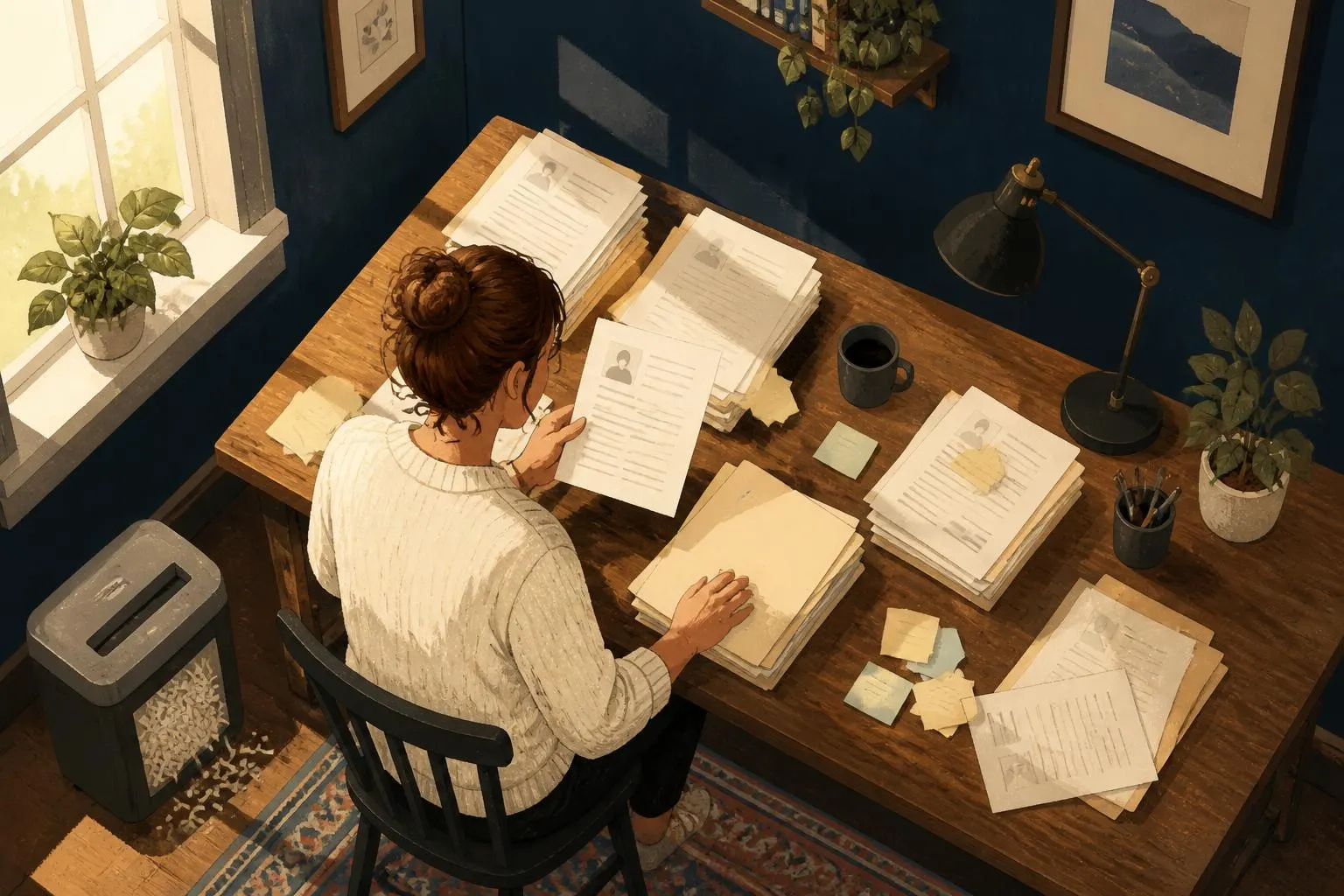 Person sorting job application papers on a warm wooden desk in daylight