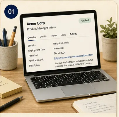 A laptop on a wooden desk showing a detailed ResuMes application card for a Product Manager Intern role