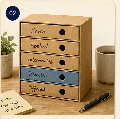 A tiered drawer organizer labelled Saved, Applied, Interviewing, Rejected and Offered