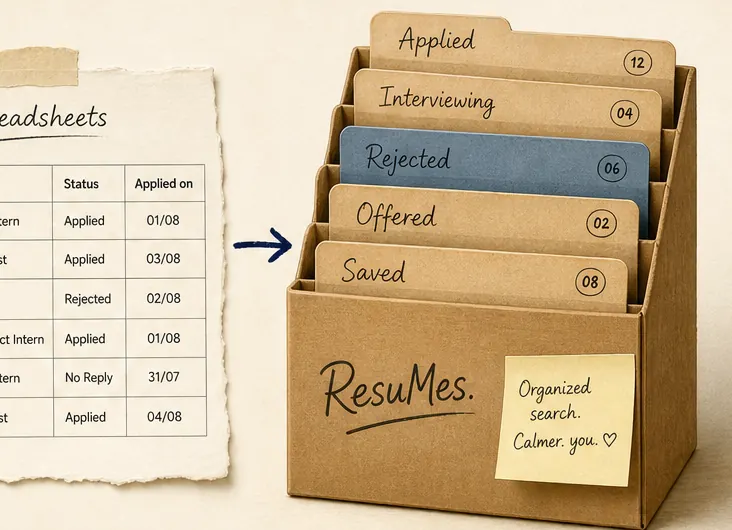 A paper spreadsheet of job applications turning into a tiered ResuMes folder organizer with Applied, Interviewing, Rejected, Offered and Saved tabs